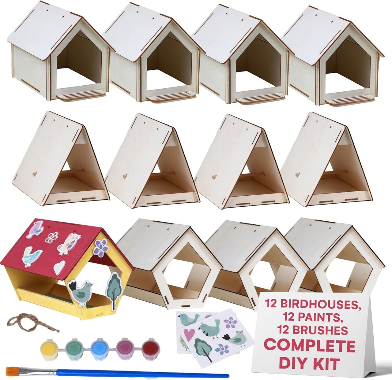 12 Wooden Birdhouses to Paint – DIY Craft Kit for Kids with Durable Plywood & Safe Materials